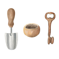 Iron shovel. Gardening Tools. Vintage watercolor elements.