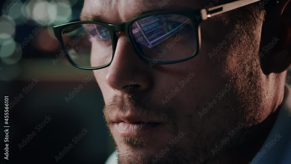 Poster Close-up Portrait of Software Engineer Working on Computer, Line of Code Reflecting in Glasses. Developer Working on Innovative e-Commerce Application using Machine Learning, AI Algorithm, Big Data