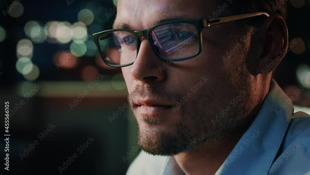 Fototapete Portrait of Handsome Startup Digital Entrepreneur Working on Computer, Line of Code Reflecting in Glasses. Developer Working on Innovative e-Commerce Application using AI Algorithm to use Big Data