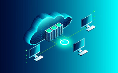 Cloud Computing Concept - Computers Connected to the Digital Cloud