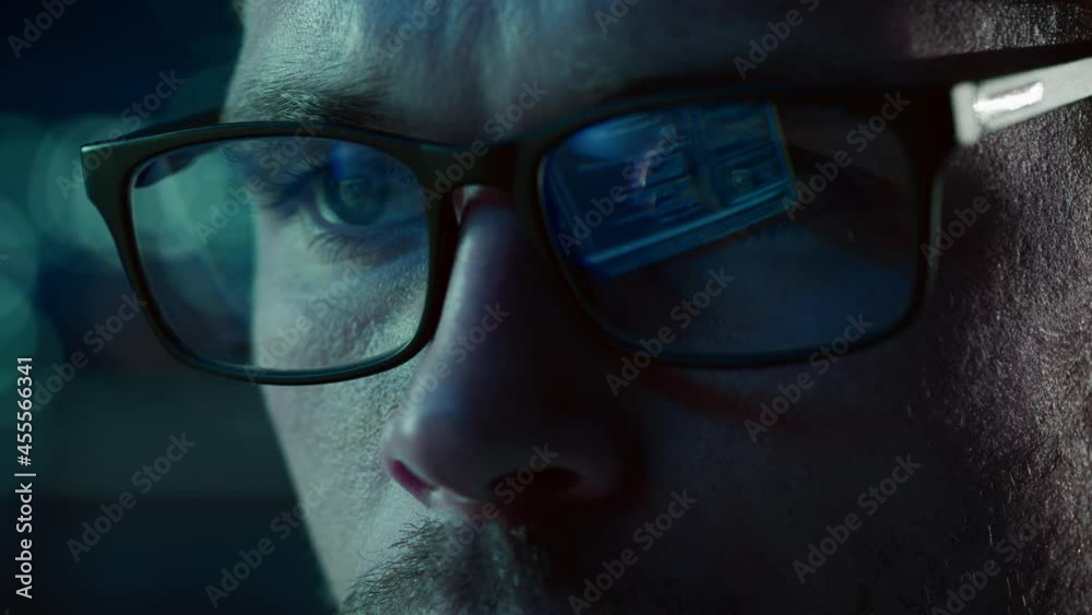 Poster Close-up Portrait of Software Engineer Working on Computer, Line of Code Reflecting in Glasses. Developer Working on Innovative e-Commerce Application using Machine Learning, AI Algorithm, Big Data