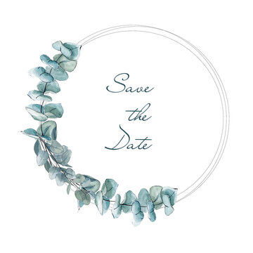 Delicate watercolor wreath frame made of eucalyptus branches. Rustic style. Wedding concept
