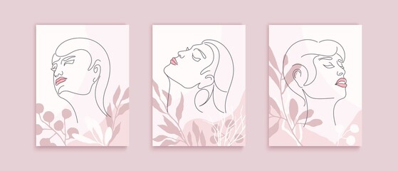 Trendy continuous line portraits of women with floral decoration. Modern minimalistic style. Lineart design. Vector template