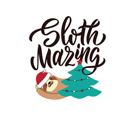 The text and funny sloth with tree for Christmas designs