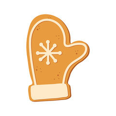 Christmas mitten isolated on white background. Christmas gingerbread cookie. Winter holiday food. Happy new year. Merry Christmas holiday. Vector illustration.