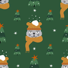 New Year's decor with cat. Seamless pattern with funny cat. Festive print for packaging, covers, printable, stationery, wrapping paper and so much more. Vector illustration.