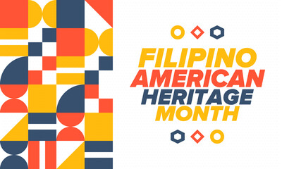 Filipino American History Month. Happy holiday celebrate annual in October. Filipinos and United States flag. Culture month. Patriotic design. Poster, card, banner, template. Vector illustration