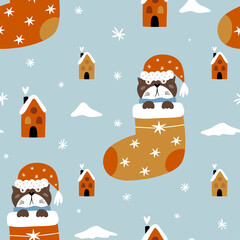 Funny cat in Christmas sock. Winter seamless pattern. Vector illustration.