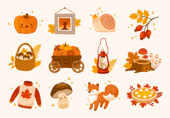 Set of autumn vector illustrations. Basket of mushrooms, sweater with autumn leaf, pumpkins cart, forest stump, fox and snail. Collection of fall season scrapbook elements and concepts.
