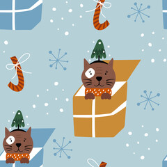 Christmas candy cane and with funny cat. Winter Christmas seamless pattern. Vector illustration