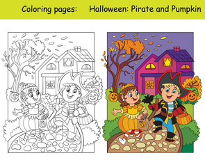 Coloring and colorful Halloween pumpkin and pirate