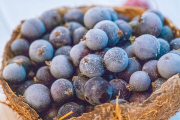 Frozen sweet summer blueberries and blueberries in a coconut shell on a white background, cold frosty look of berries from the freezer.
