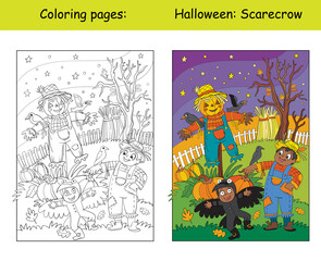 Coloring and colorful Halloween children and scarecrow