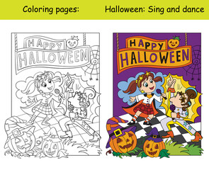Coloring and colorful Halloween children retro singers