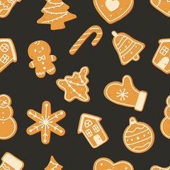 Seamless pattern with Christmas gingerbread cookies. Winter holiday food.  Perfect for wrapping paper, greeting cards, textile. Gingerbread man, house, christmas tree, snowman, snowflake.