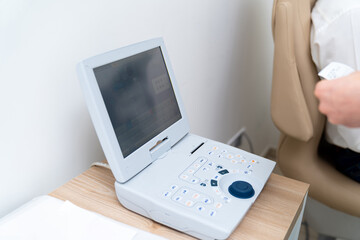 Microscopic apparatus for checking eyesight close-up. Ophthalmology and treatment of eye diseases. Eye clinic, Optometrist. Eye sight device