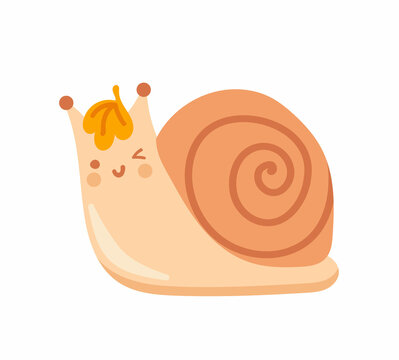 Kawaii winking snail with smiling face. Cute cartoon woodland character, forest animal. Hello fall, autumn concept. Hand-drawn vector isolated illustration.