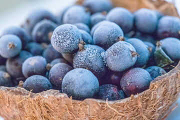 Frozen sweet summer blueberries and blueberries in a coconut shell on a white background, cold frosty look of berries from the freezer.
