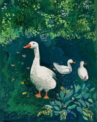 Hand-drawn Illustration.with geese, pears, berries and flowers.