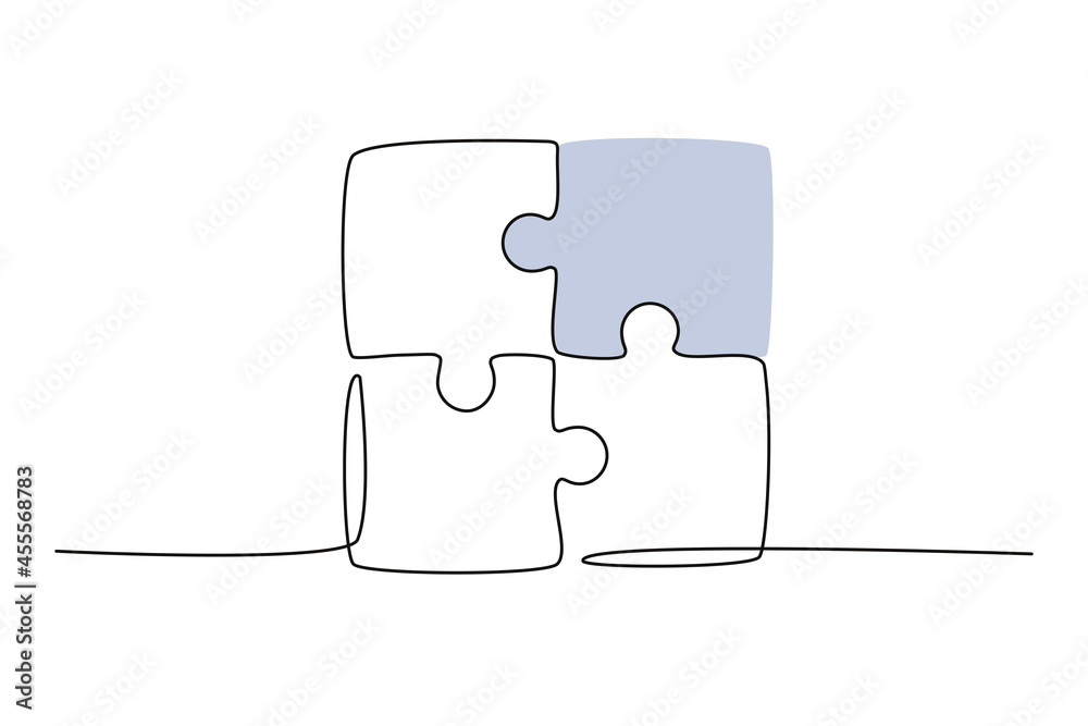 Poster Continuous one line drawing of a joined pieces of Puzzle game. Group Teamwork, cooperation and business strategy concept in doodle style. Editable stroke. Linear Vector illustration