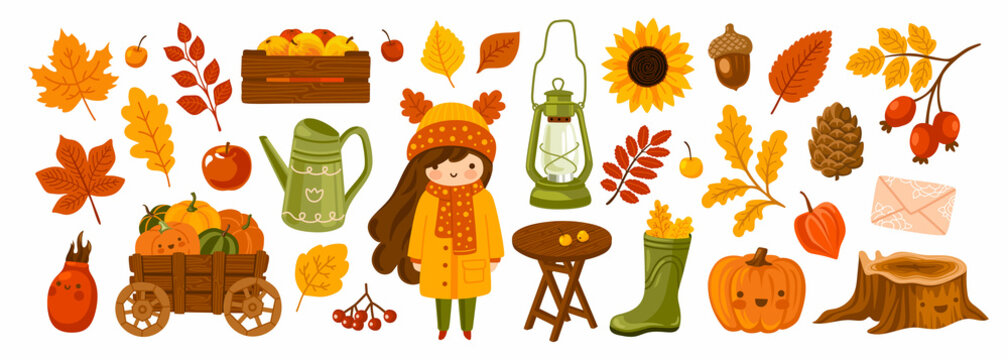Set of autumn garden elements: cute girl, apples, pumpkins cart, kerosene lamp, foliage. Fall harvest season collection for card, stickers, prints, wrapping paper. Vector cartoon illustration.