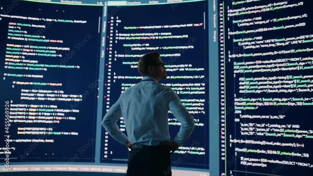 Poster Innovative Startup Concept: Thoughtful Software Engineer Finding Solution, Planning Strategy, Standing and Doing Data Analysis on Big Wall Screen. Programmer Developing e-Commerce App. Back Medium