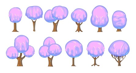Set of fabulous sweet trees. For landscapes with purple caramel, ice cream or jelly. Perspiration. Childrens fun illustration. Cartoon style. Vector