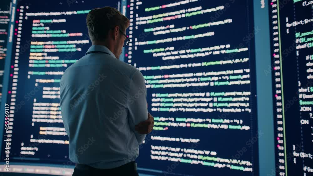 Fototapete Innovative Computer Science Concept: Software Engineer Standing and Doing Information Technology Analysis on Big Wall Screen. Programmer Developing e-Commerce App. Cinematic Medium Shot