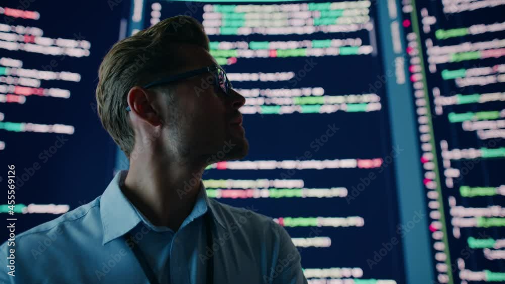 Poster Innovative Startup: Portrait of Thoughtful Software Engineer Finding Solution, Doing Data Analysis with Big Screen Background. Programmer Developing e-Commerce App. Futuristic Dramatic Static Shot