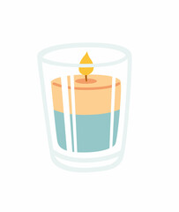 Candle in glass jar. Home aromatherapy, hygge home decoration. Hand-drawn burning scented candle. Cartoon vector illustration.