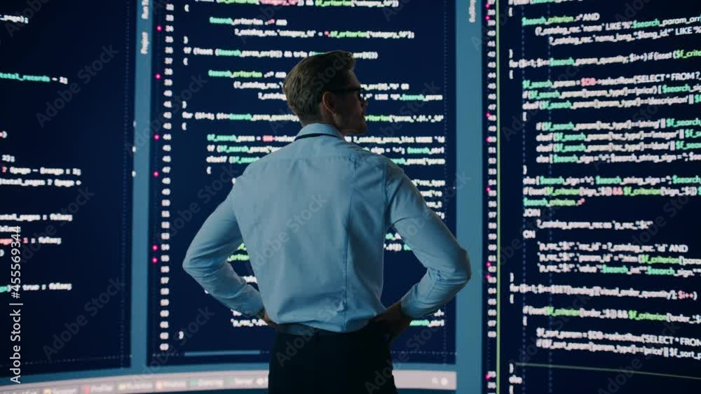 Poster Innovative Startup: Brilliant Software Engineer Finding Solution, Doing Data Analysis with Big Screen Background. Programmer Developing Futuristic AI e-Commerce App. Dramatic Back View