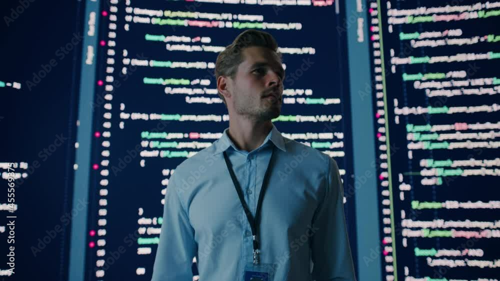 Poster Innovative Startup Eureka Moment: Portrait of Brilliant Software Engineer Finding Solution, Doing Big Data Analysis. Big Screen Background. Computer Science Programmer Developing App.Cinematic Zoom In