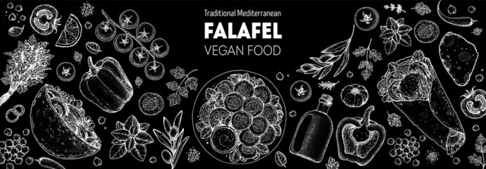 Falafel cooking and ingredients for falafel, sketch illustration. Middle eastern cuisine frame. Street food, design elements. Hand drawn, menu and package design. Vegan food