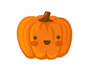 Cute orange pumpkin with happy face. Kawaii character for thanksgiving and halloween. Cartoon ripe squash, gourd. Simple hand-drawn vector isolated illustration.