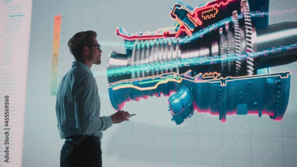 Leinwandbilder Innovative Green Energy Startup: Engineer Designing Engine Using Tablet Computer and Big Wall Screen to Analyse Prototype. Concept for Sustainable Environmnetally Friendly Zero Emissions Turbine