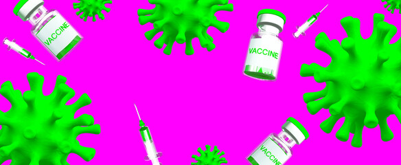Contemporary art concept collage banner. .Pandemic corona vibes. Vaccine bottles, injections and virus