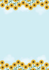 A4 page with a heavenly background and clouds with a decor of sunflowers.