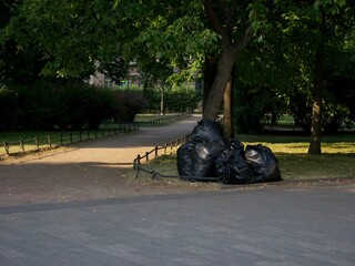 Stack of garbage bags for take out. clean up the city park in the spring and autumn