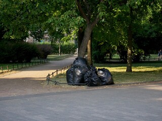 Stack of garbage bags for take out. clean up the city park in the spring and autumn