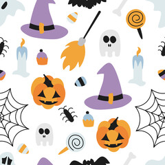 Halloween objects seamless pattern. Background for wallpapers, textiles, papers, fabrics, web pages. Vintage style.