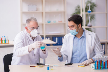 Fototapeta premium Two male chemists working at the lab during pandemic