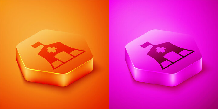 Isometric Emergency Medical Tent Icon Isolated On Orange And Pink Background. Provide Disaster Relief. Hexagon Button. Vector