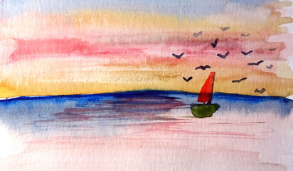 Barchetta in mare al tramonto, acquerello - obrazy, fototapety, plakaty