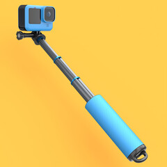 Photo and video lightweight blue action camera with selfie stick on orange