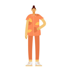 Full length female character. Girl stands and smiles. Modern young woman in fashionable outfit. Vector illustration, flat design. Isolated on white. 