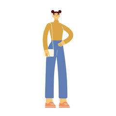 Full length female character. Girl stands and smiles. Modern young woman in casual clothes. Vector illustration, flat design. Isolated on white. 
