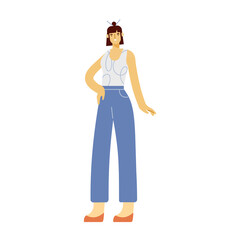 Fototapeta premium Full length female character. Girl stands and smiles. Modern young woman in fashionable clothes. Colored flat vector illustration isolated on white background.