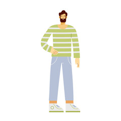 Full length male character. Boy stands and smiles. Modern young man in a striped sweater and with a beard. Colored flat vector illustration isolated on white background.