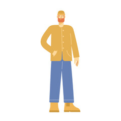 Full length male character. Boy stands and smiles. Modern young man with a beard in casual clothes. Colored flat vector illustration isolated on white background.