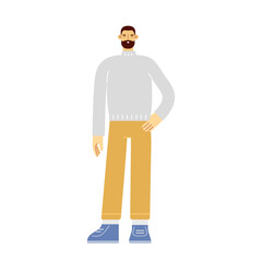 Full length male character. Boy stands and smiles. Modern young man in casual outfit. Vector illustration, flat design. Isolated on white. 